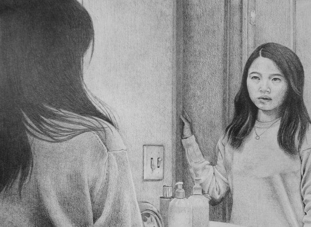 self portrait drawing of a girl in a mirror 