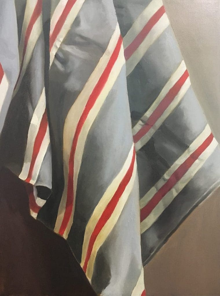 grey white and red striped drapery painting 