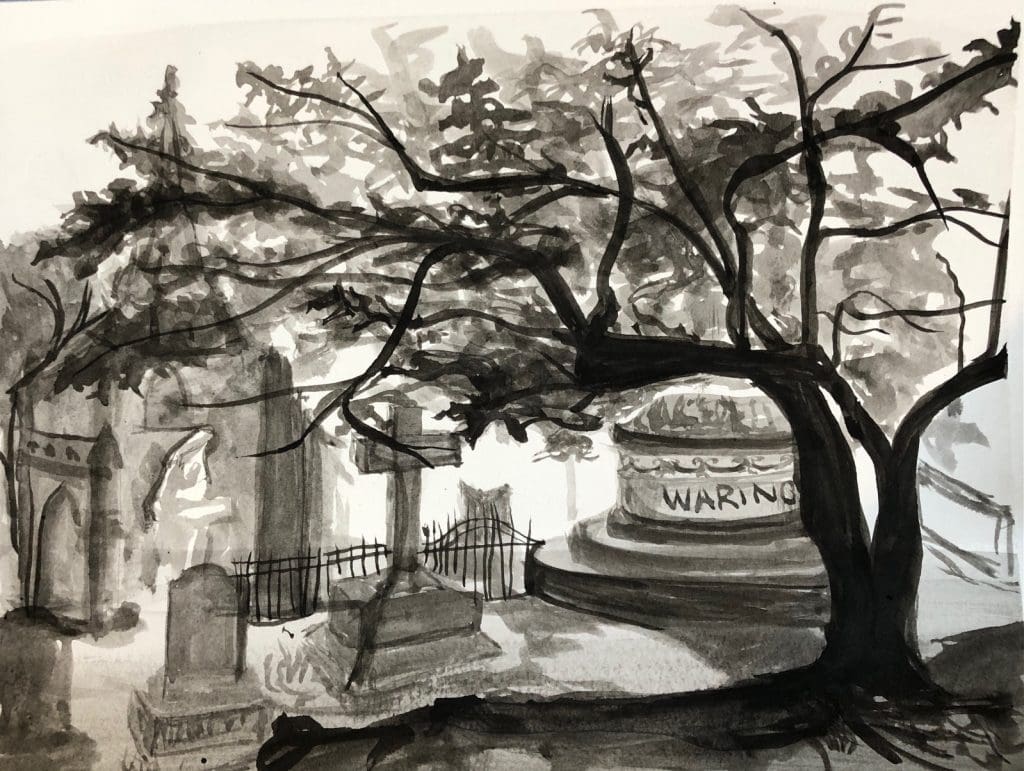 ink drawing of a cemetary 