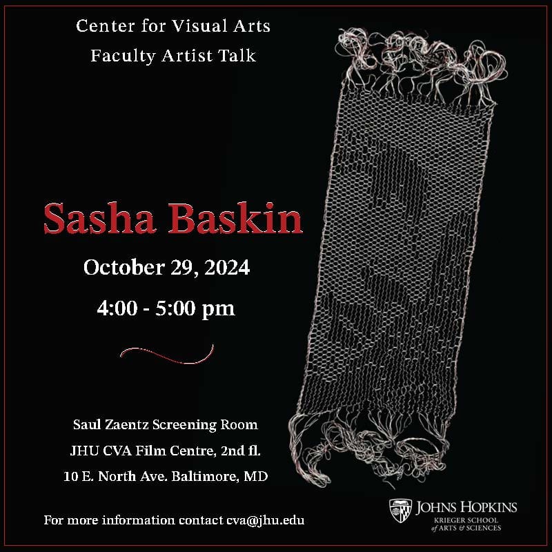 Flyer for Sasha Baskin's Faculty Artist Talk featuring her bobbin lace artwork on a black background