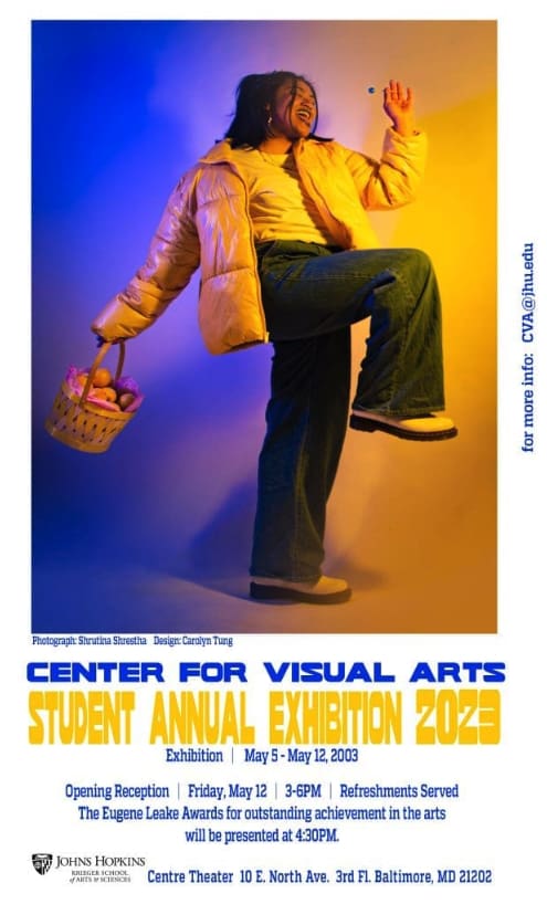 flyer for student exhibition with girl posing in front of a yellow and blue background