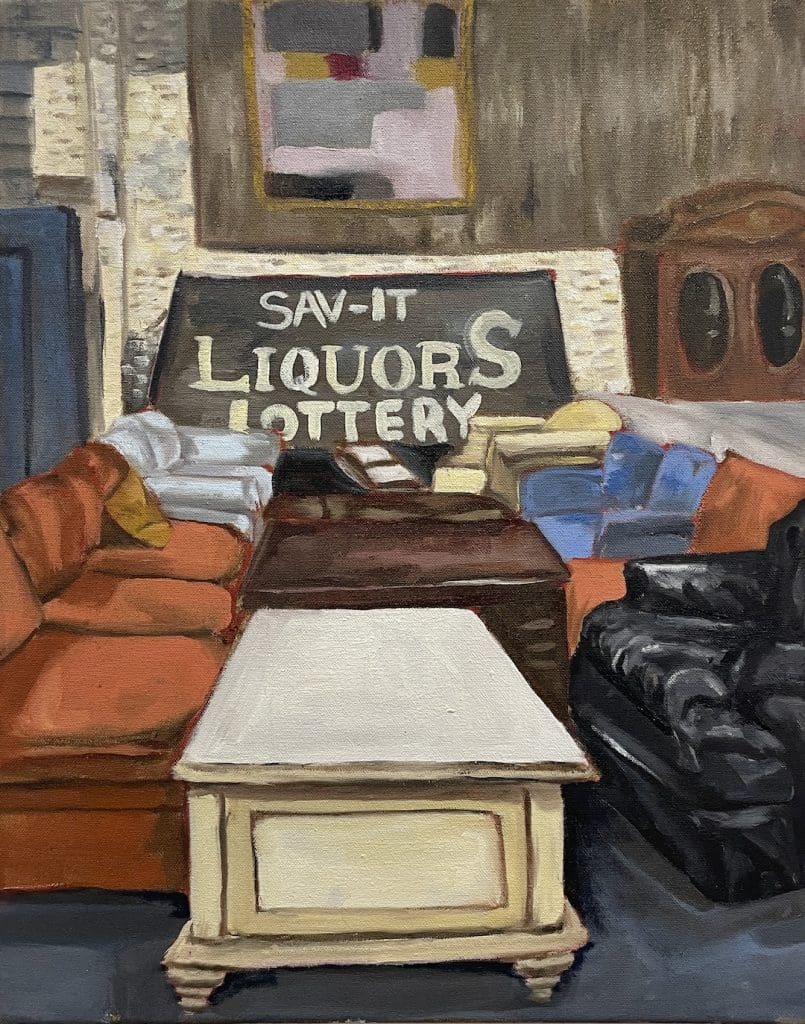 Oil painting of couches at second chance inc