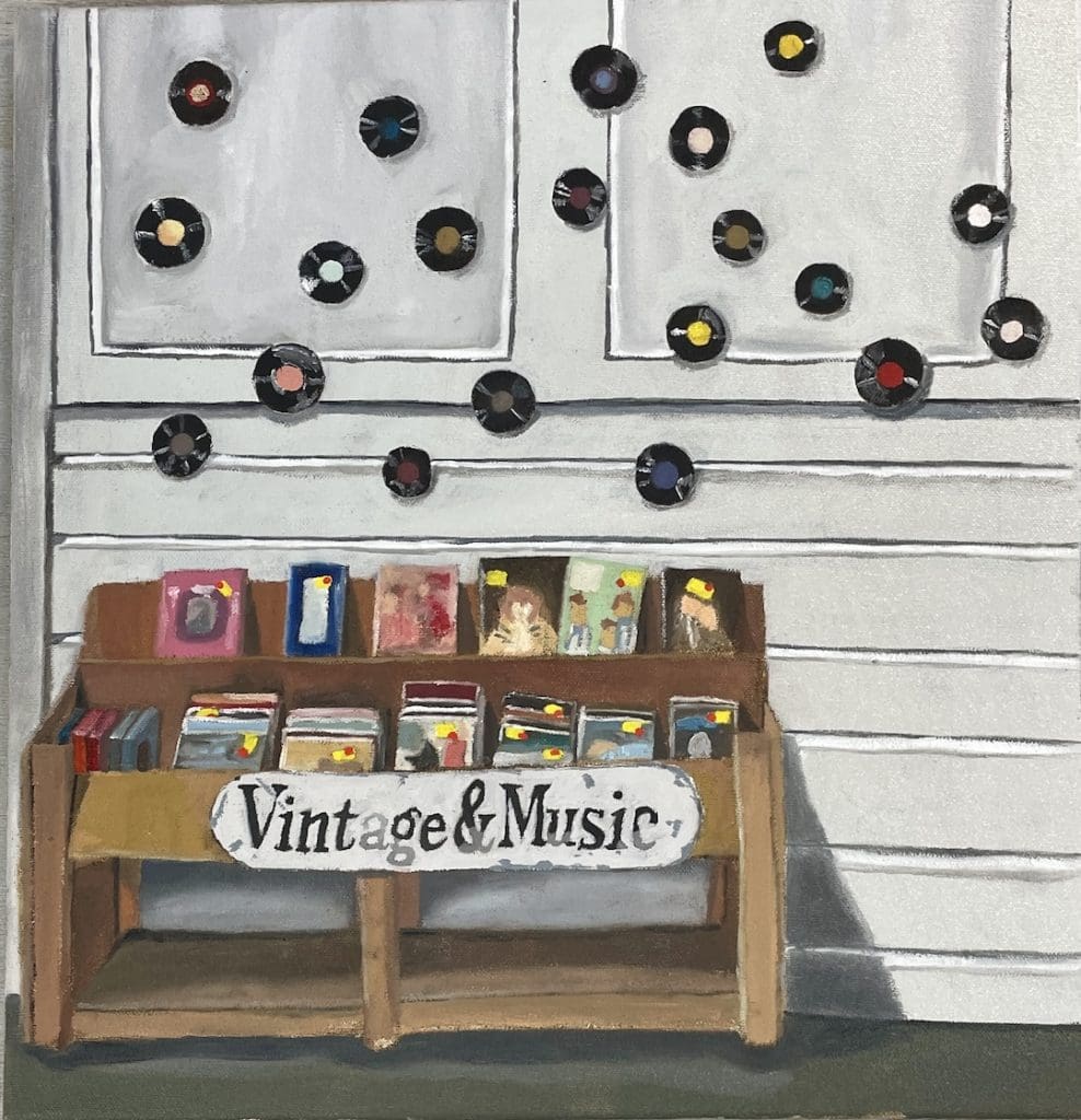 Oil painting of vinyl records at second chance inc