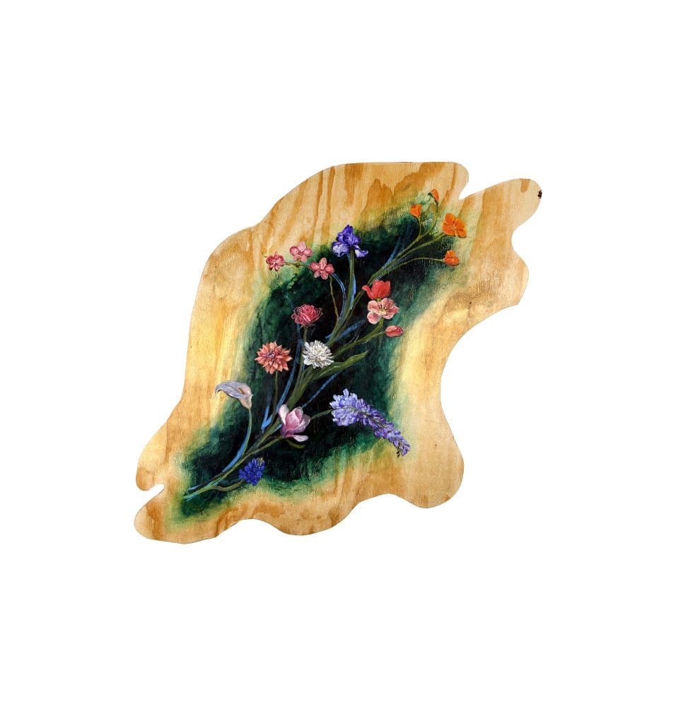 painting of purple orange pink and white flowers on wood