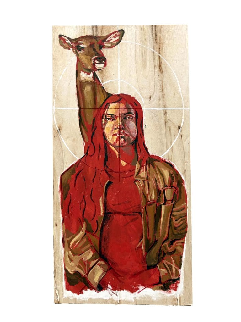 an oil painting of a girl wearing red with red hair and a deer behind her on a wood panel