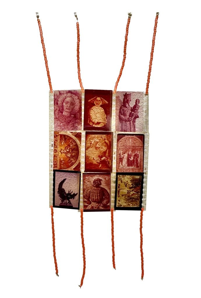 red and orange slides stitched together with orange beads