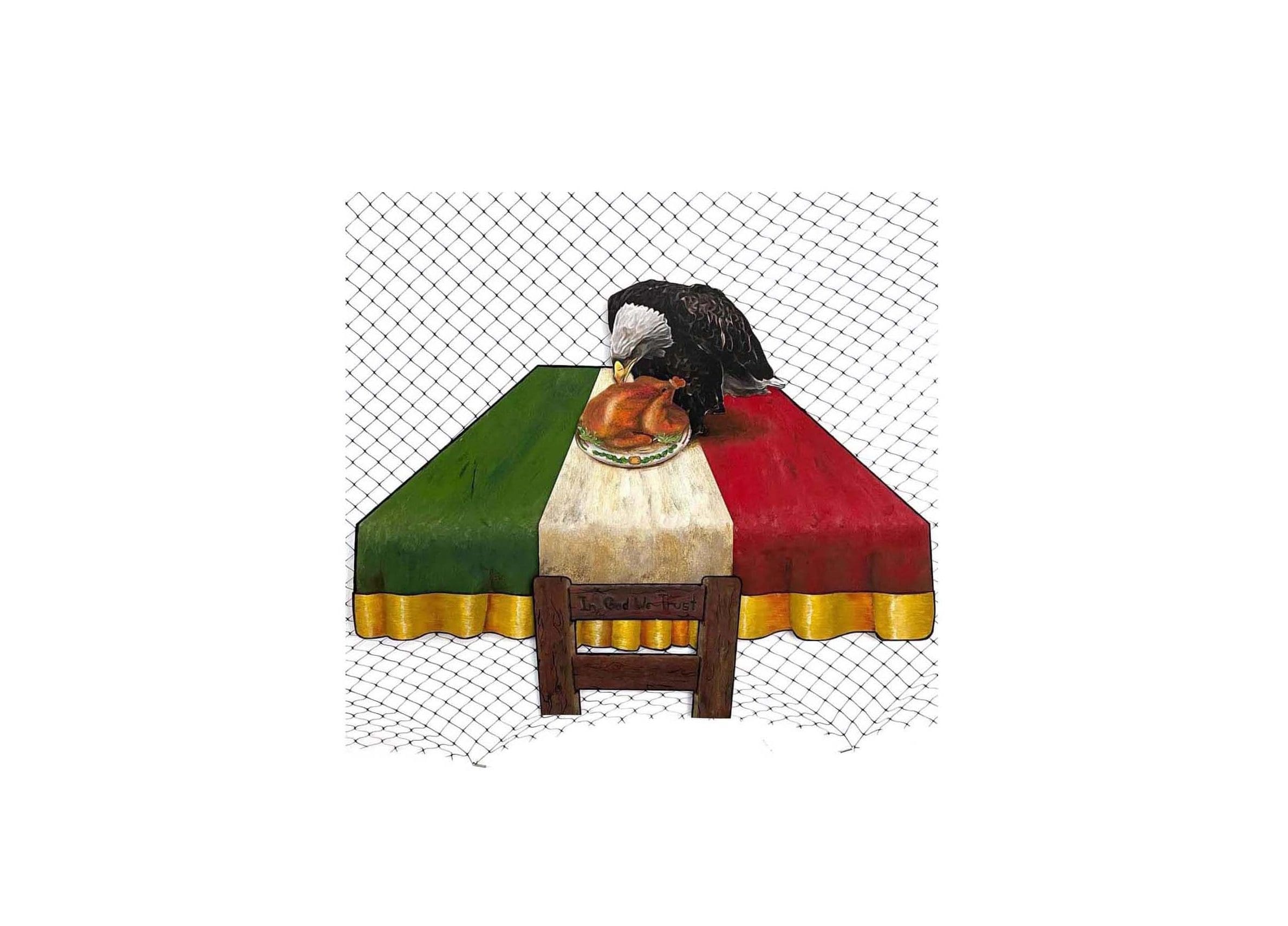 green white red flag with eagle eating a thanksgiving turkey