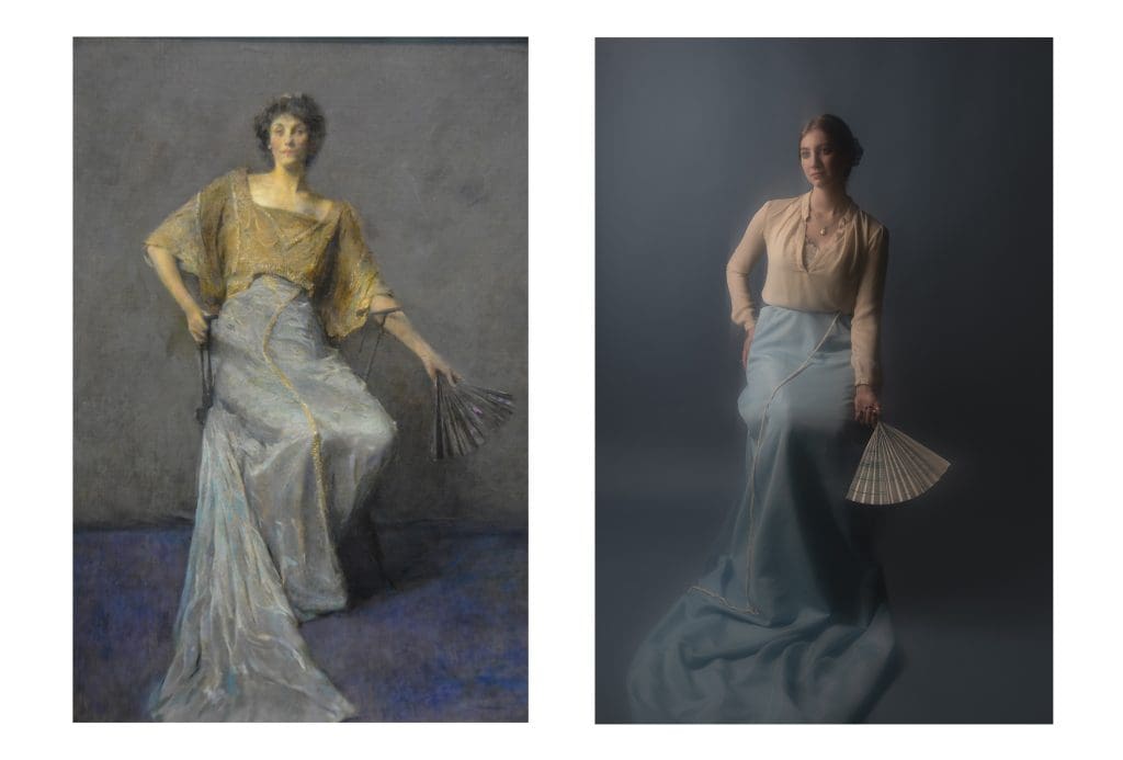 Color image diptych, image on the left painting of a woman wearing a blue skirt with a yellow long sleeve shirt holding a fan, image on right a photographic replica created by a student