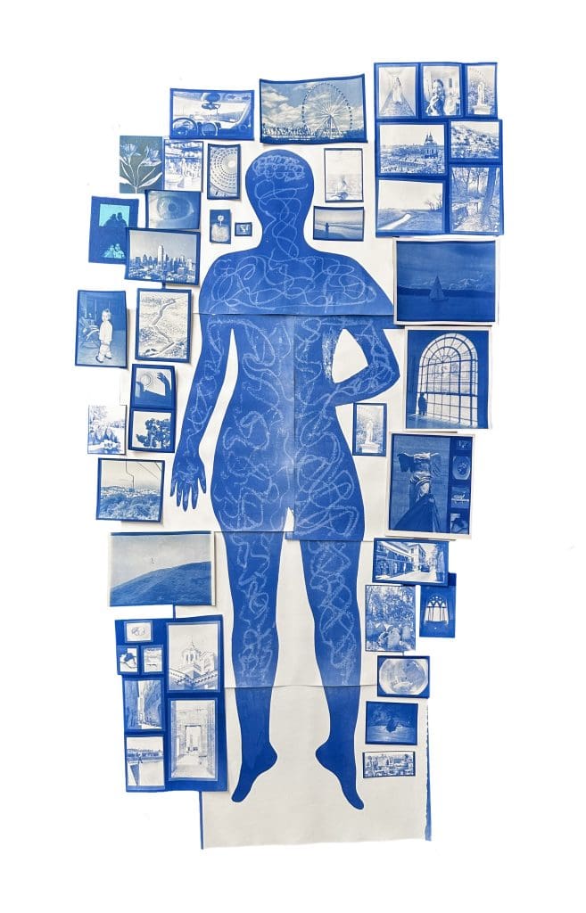 multiple cyanotype images put together around a cyanotype silhouette of a body