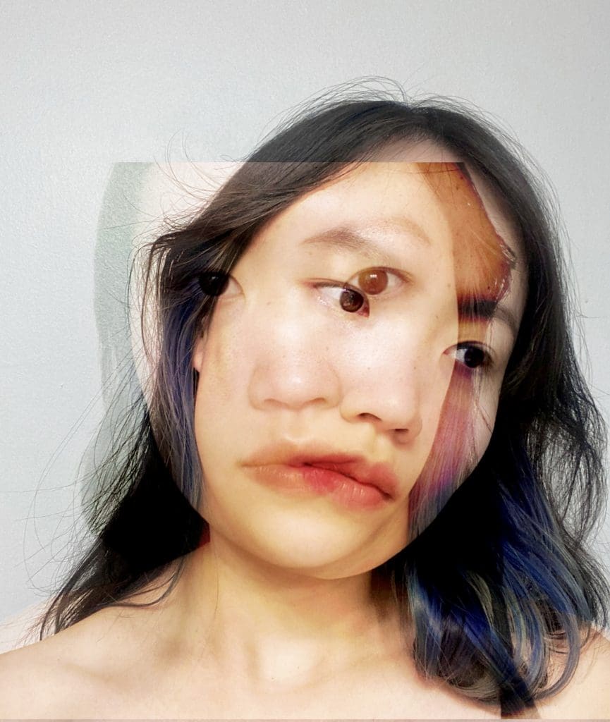 a girl with black hair looking right and a overlayed image of her face looking forward