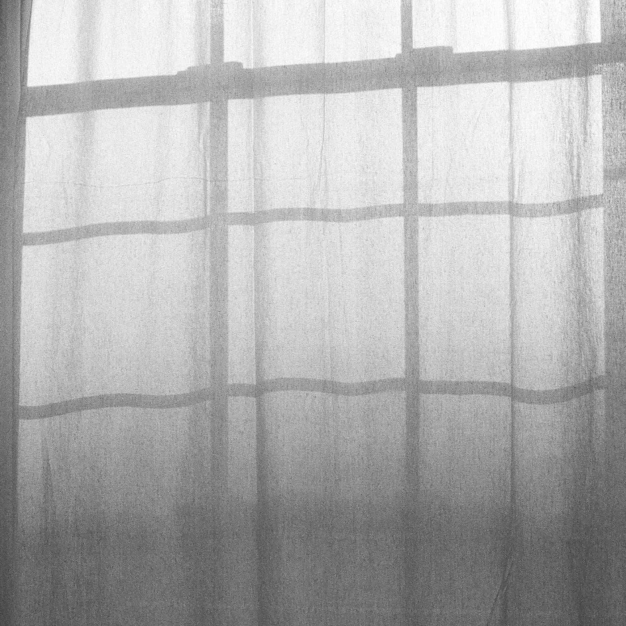 a window curtain with shadows of a window frame, in black and white