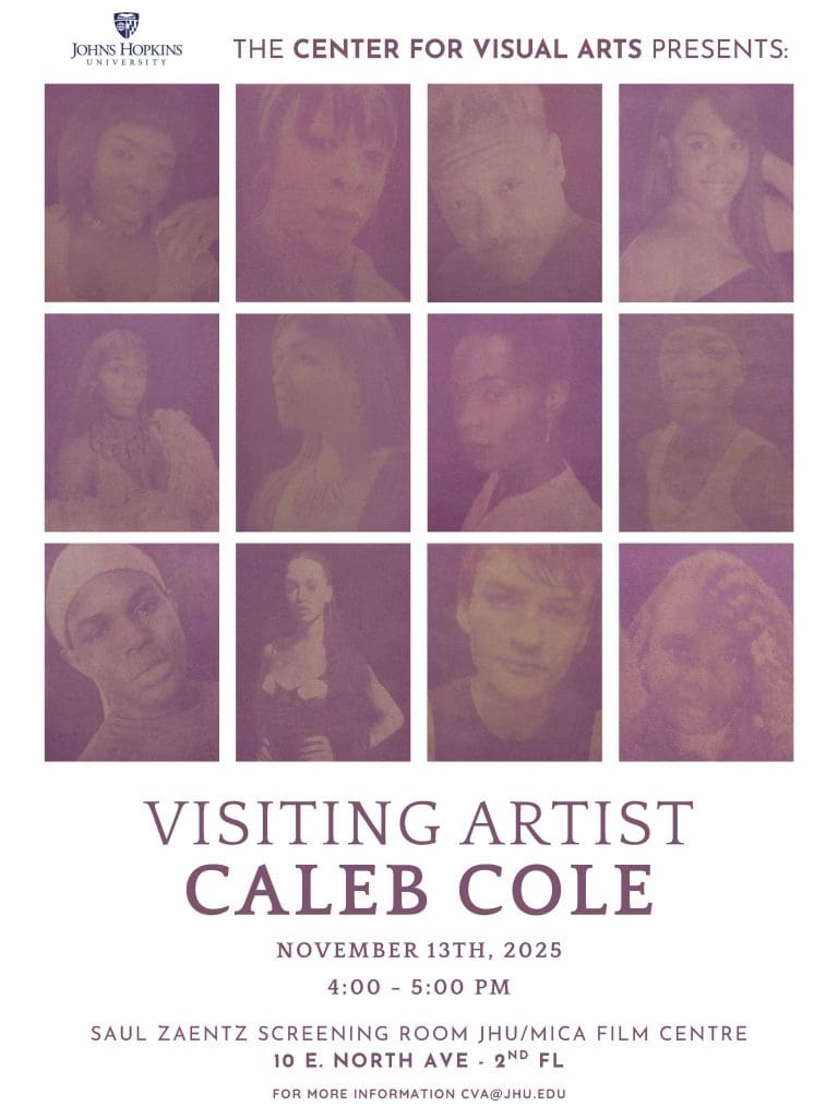 flyer for Caleb Cole visiting artist talk at center for visual arts on November 13th, 2025 from 4:00 pm to 5:00 pm