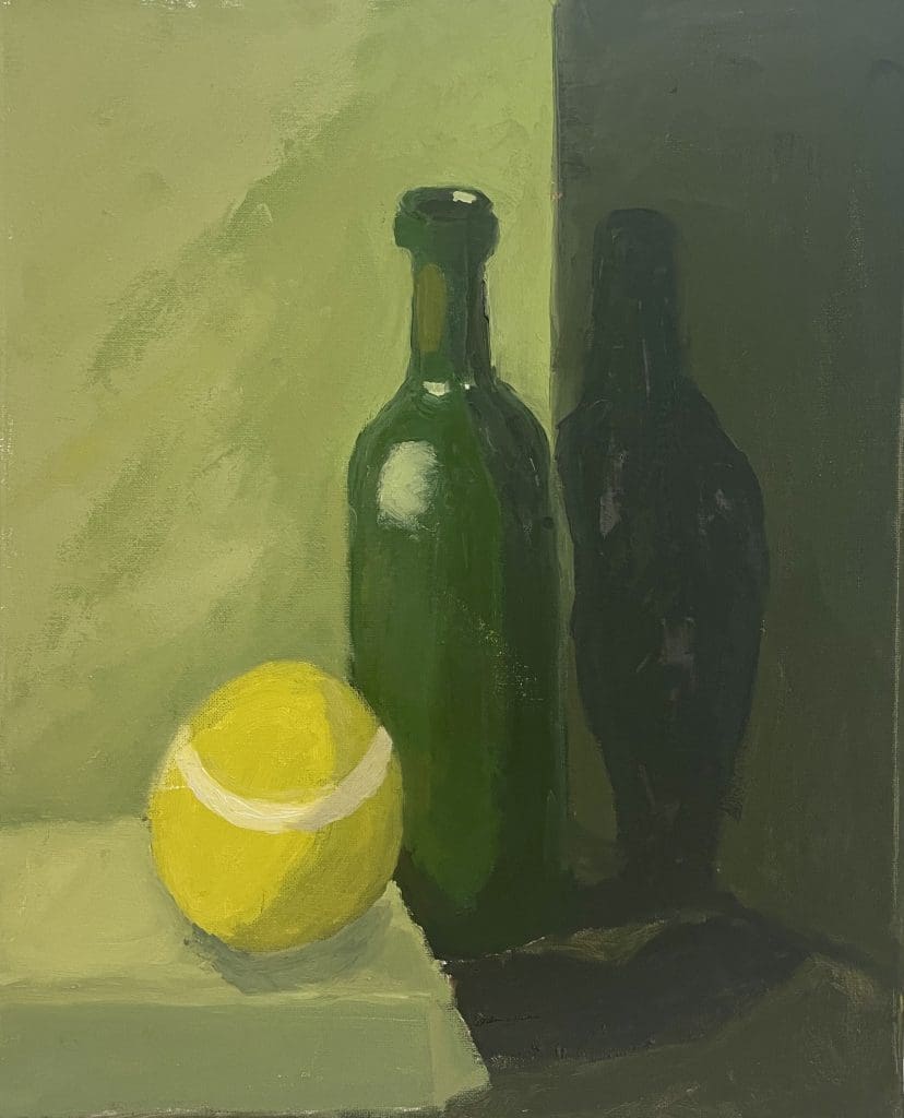 green still life with glass bottle and tennis ball