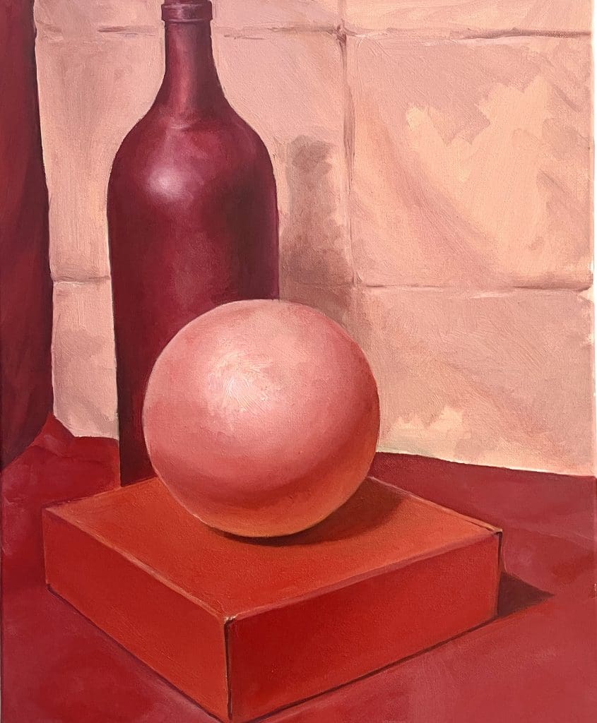 red still life with glass bottle and Styrofoam ball