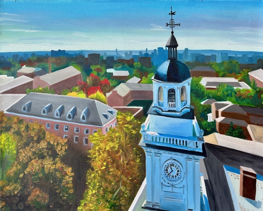 Ariel painting of JHU clocktower