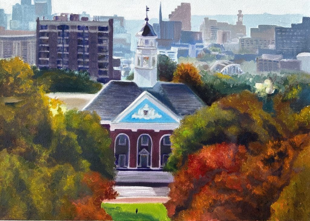 Ariel painting of JHU clocktower