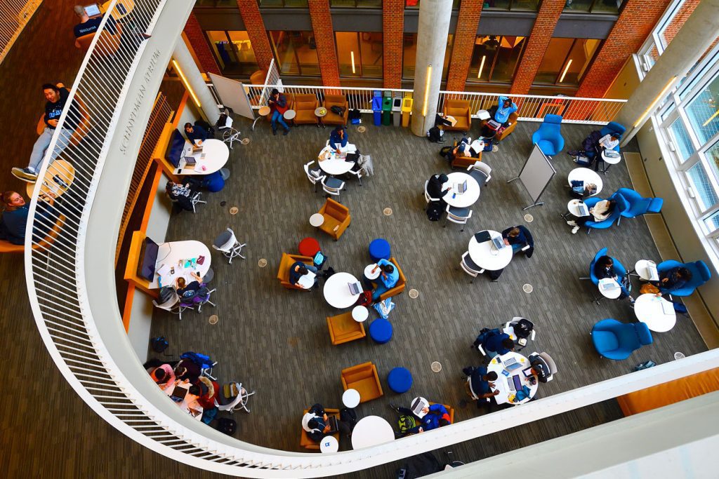 Overhead view of study floor in the Brody Learning Commons on Homewood campus.