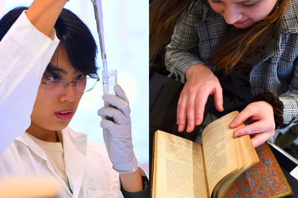 collage of two photos: student pipetting; student flipping pages of rare book