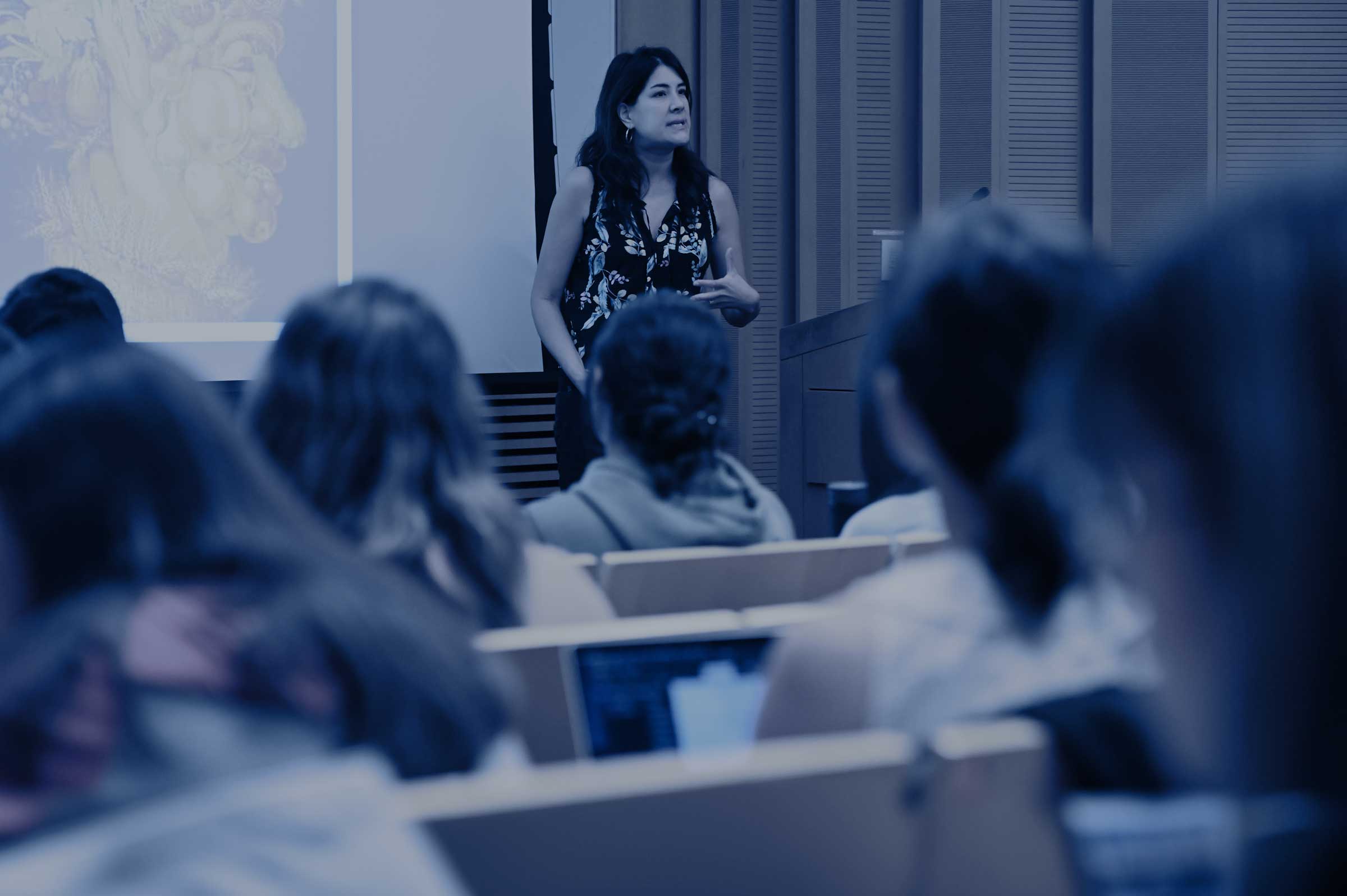 Psychological and Brain Sciences professor Lisa Feigenson teaching her "Introduction to Developmental Psychology" class.