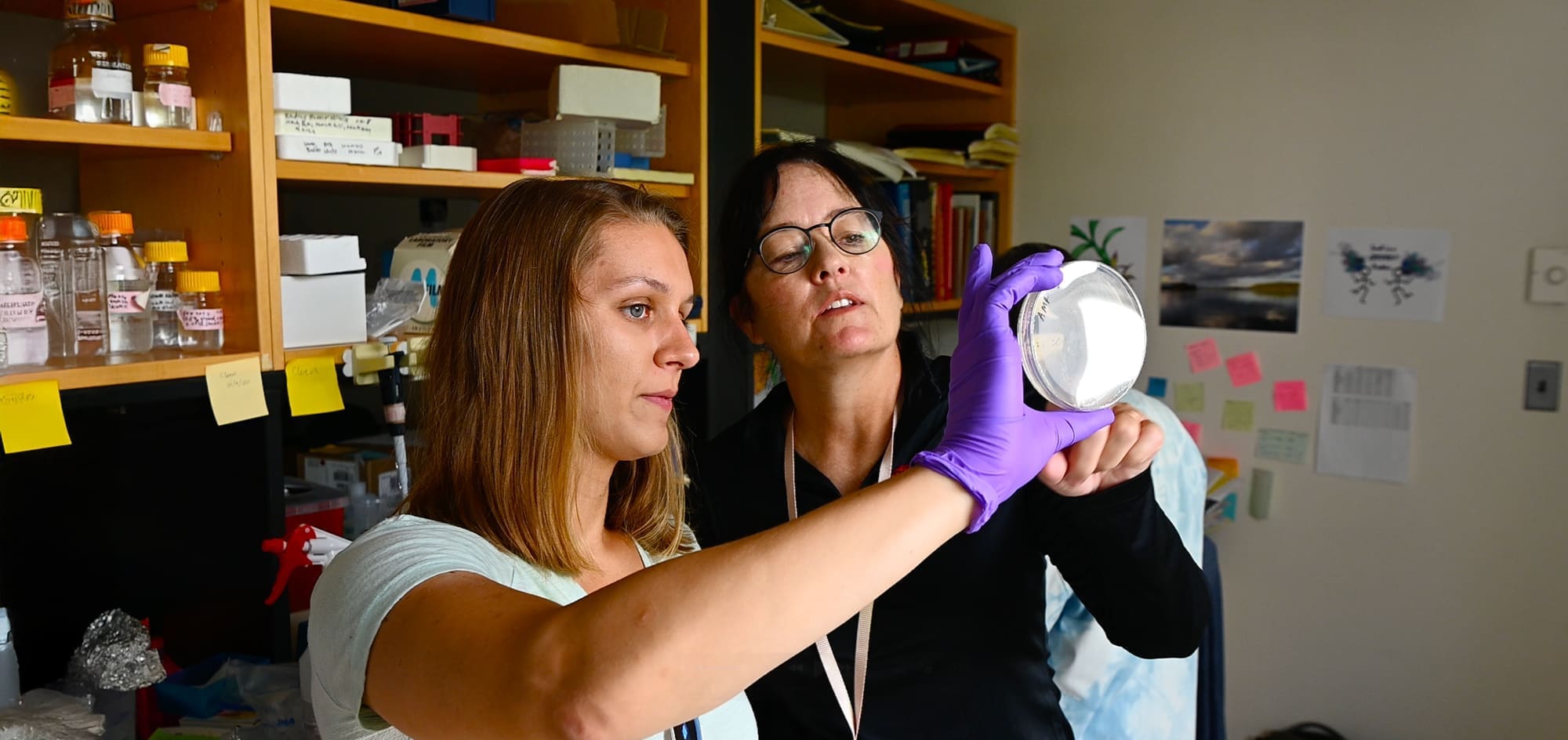 Biophysics professor Karen Fleming looking at a specimen in a petri dish being held up by graduate student.