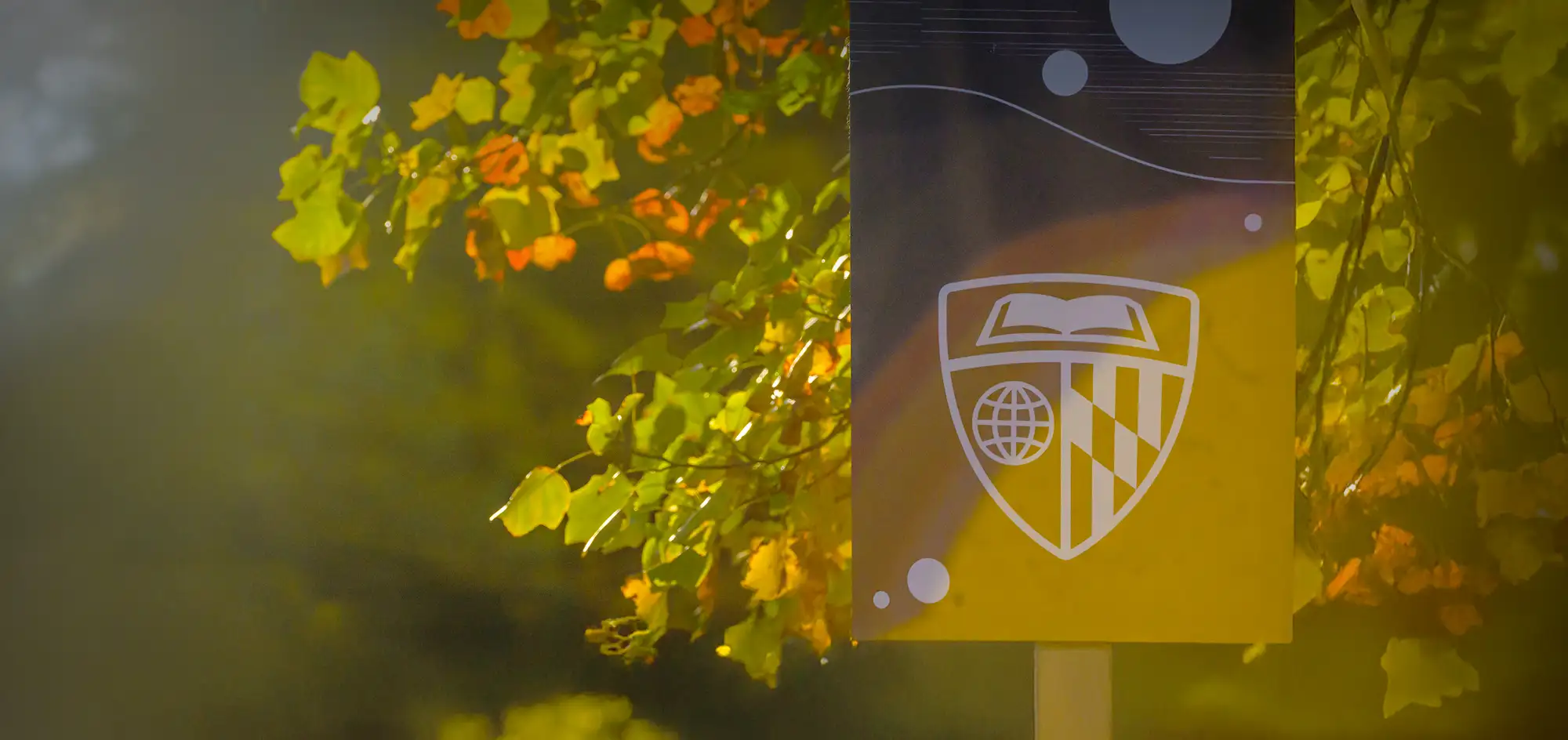 Dark blue banner with white Johns Hopkins shield hangs against fall foliage.