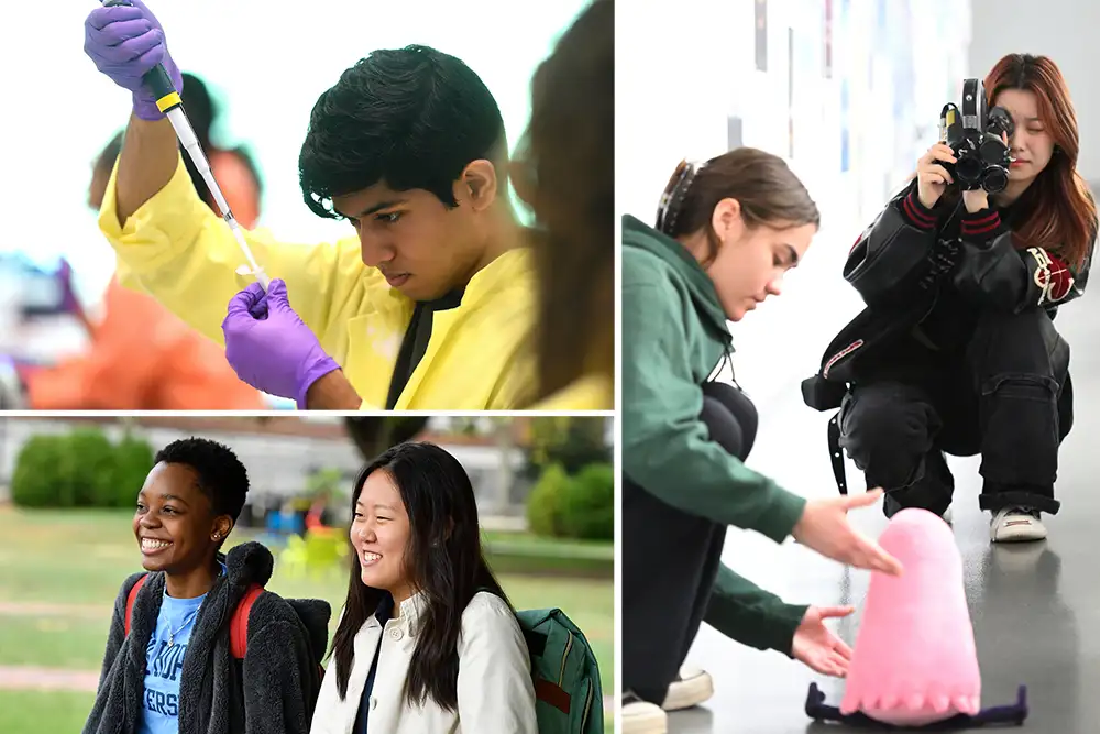 collage: student pipetting in lab; 2 students shooting stop motion film; 2 students smiling and walking outdoors on campus