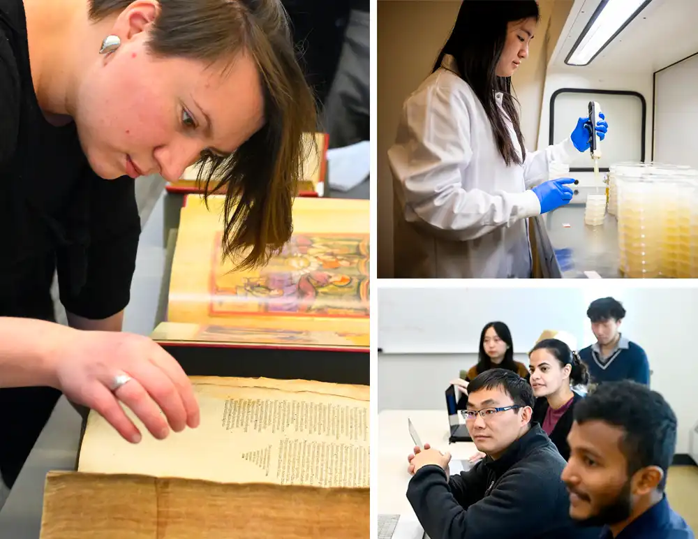 collage of three photos: grad student looking at book from archives; grad student at lab bench; several grad students listening
