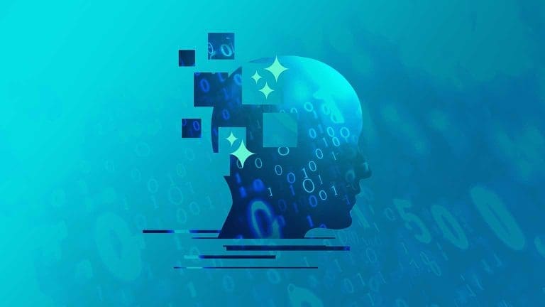 Collage of a silhouette of a head with binary numbers around it. The symbol for ai (the flat sparkles) is coming out of the head.