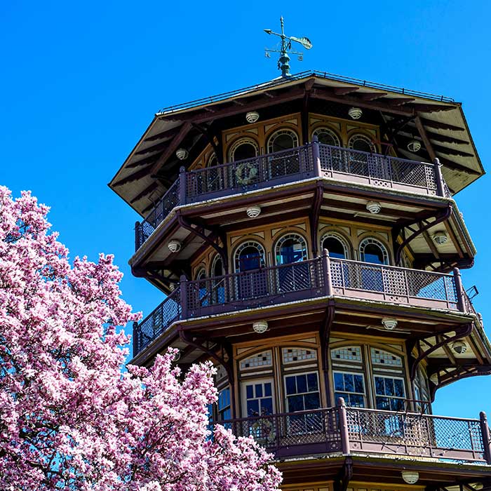 Patterson Park Pagoda with blue sky and pink cherry blossoms in the foreground.