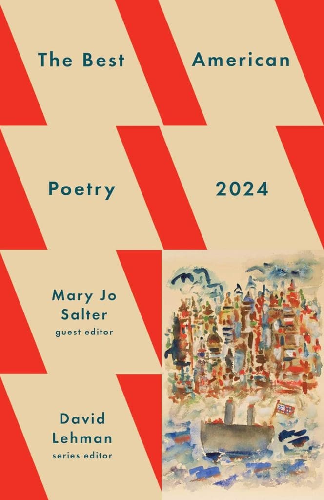 THE BEST AMERICAN POETRY 2024. Cover features a pattern of cream-colored trapezoids and red diagonal lines, with an inset watercolor painting of a city.