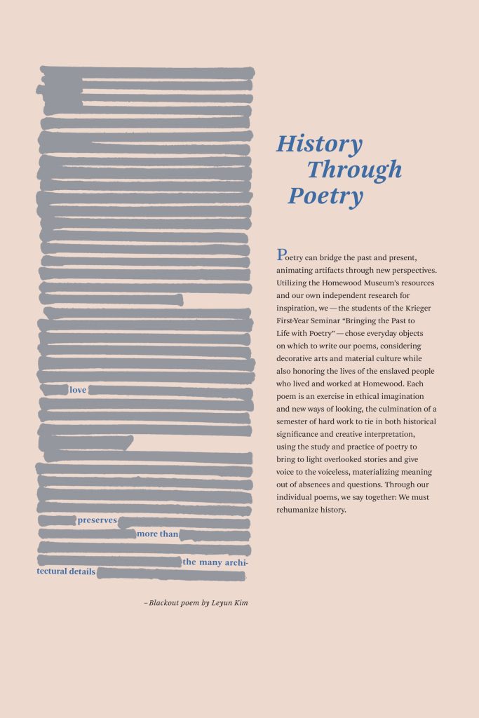 An erasure poem by student Leyun Kim, depicted as gray crossed-out lines of text on a pink background. The words that haven't been crossed out read "love / preserves / more than / the many architectural details"