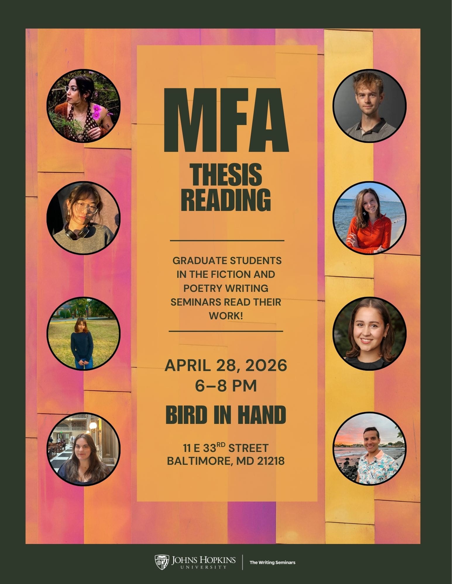MFA Thesis Reading flyer - 8 graduating MFA students from the class of 2026